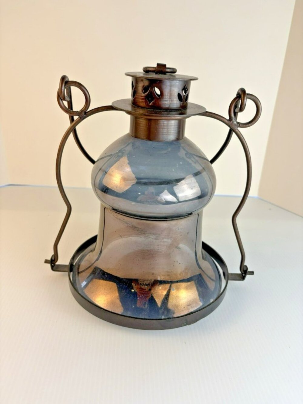 Vintage Candle Lantern Bell Shaped Smoked Glass Pierced Vent Lid 10" Tall